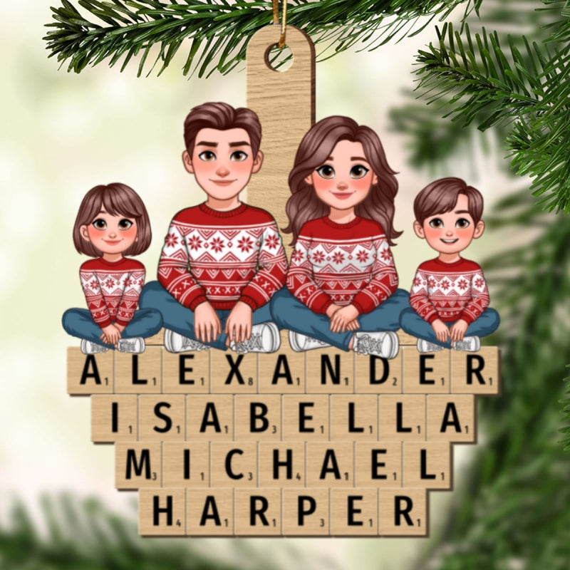 Animated Family Sitting On Wooden Blocks Names Personalized Wooden Ornament, Christmas Gift For Family