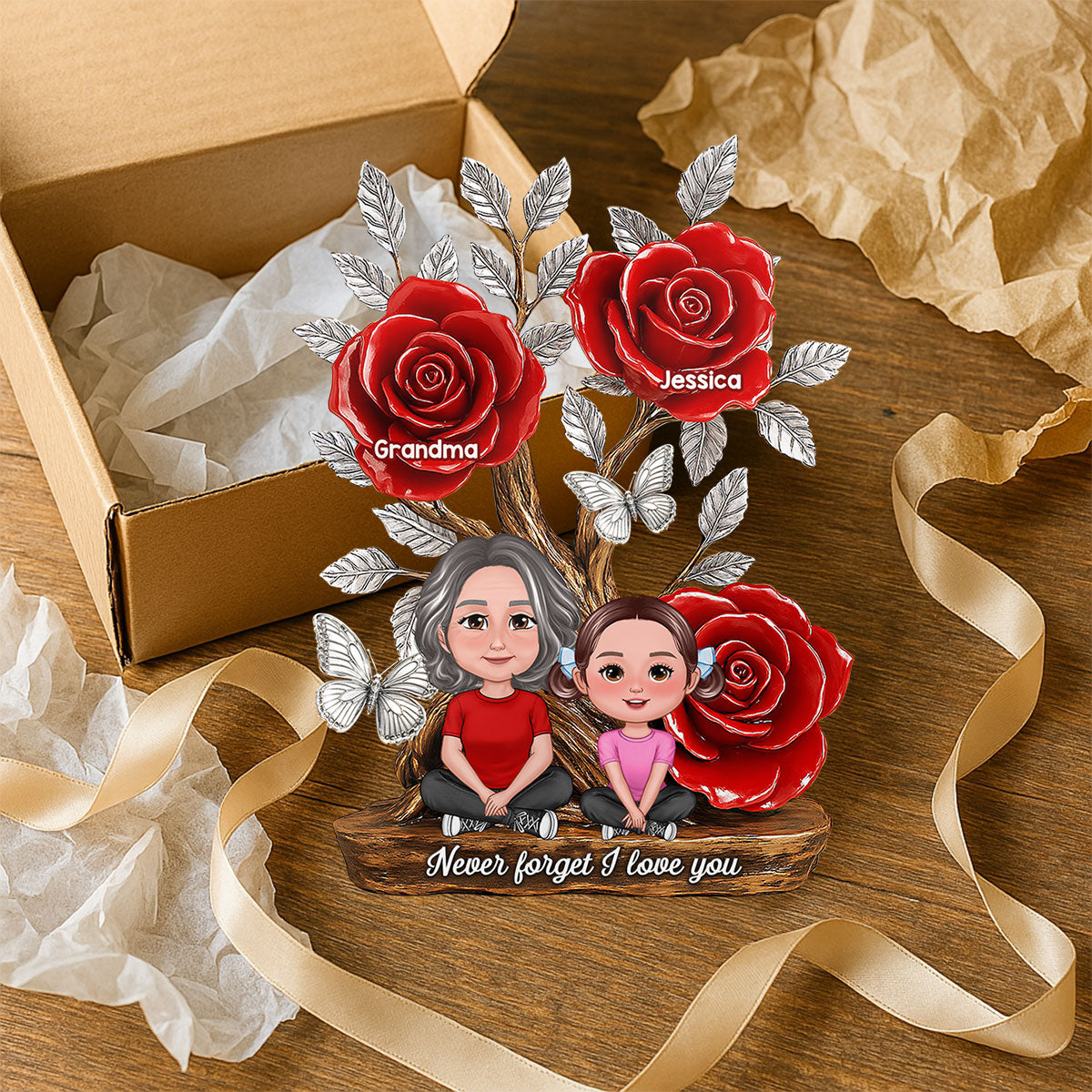 Mom Grandma & Kids Sitting Under Tree With Roses Personalized Acrylic Block Plaque