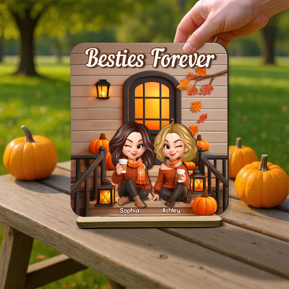 Fall Season Besties Forever Personalized Standing Wooden Plaque, Fall Gift for Best Friends