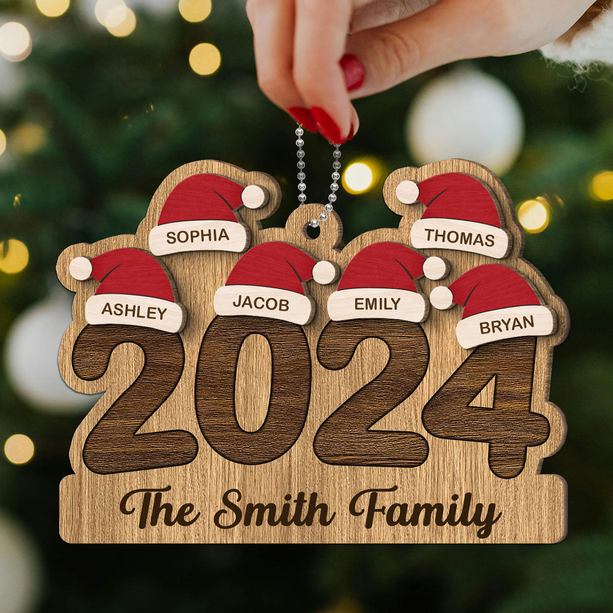 2024 Family Members Names Christmas Hat Personalized 2-Layer Wooden Ornament