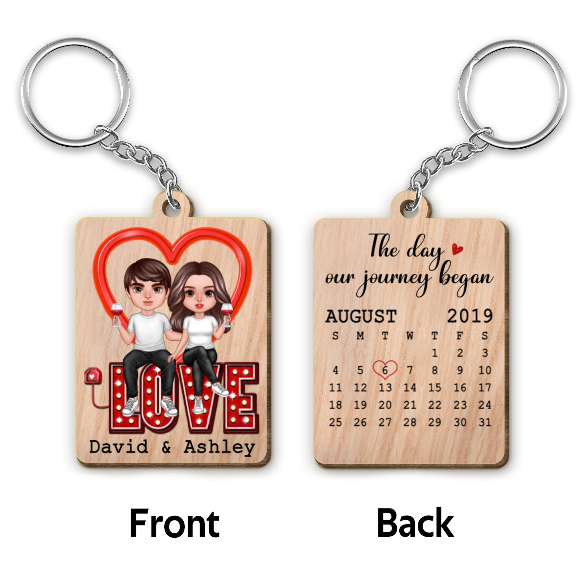 Realistic Doll Couple Sitting On LOVE Calendar Personalized Wooden Keychain