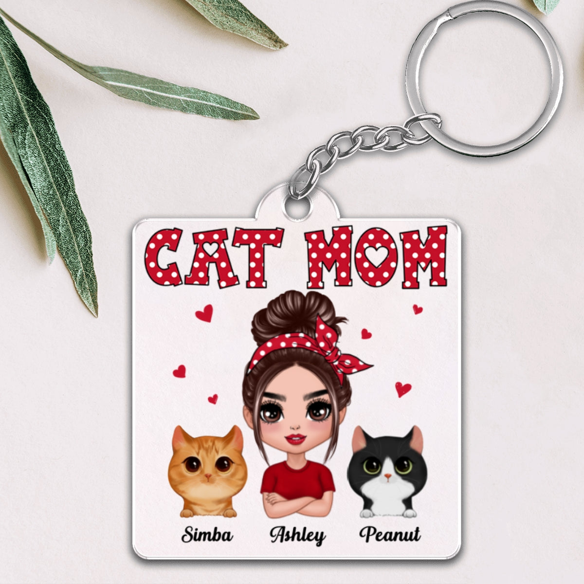 Polka Dot Pattern Doll Cat Mom Watercolor Cute Cats Personalized Acrylic Keychain