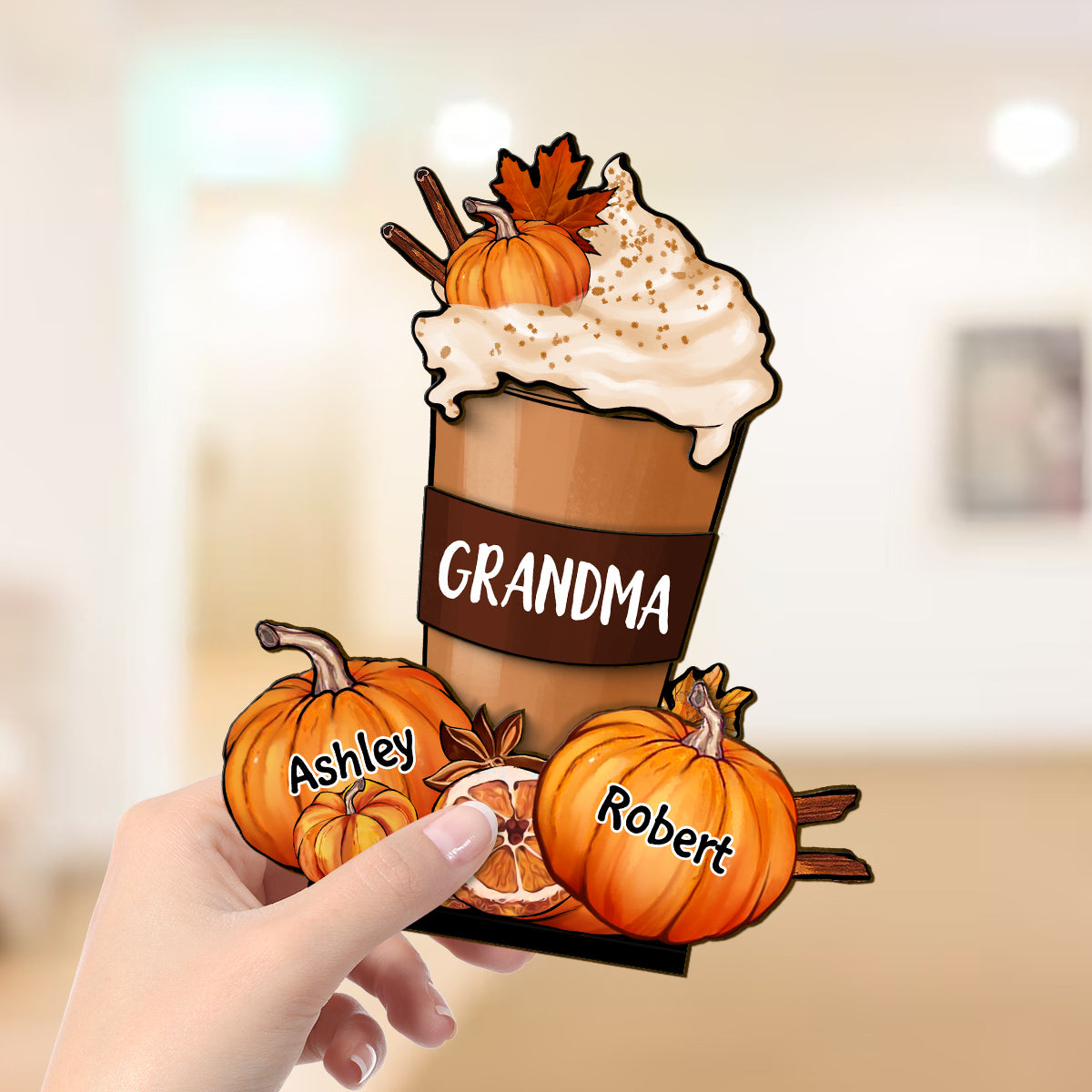 Grandma Mom Pumpkin Spice Latte Personalized 2-Layer Standing Wooden Plaque, Fall Season Gift For Grandma