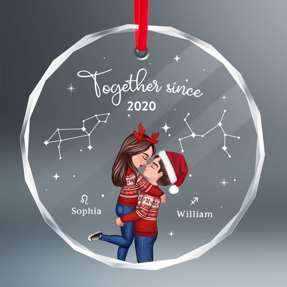 Couple Hugging Kissing Zodiac Sign Personalized Glass Ornament, Christmas Gift For Him For Her