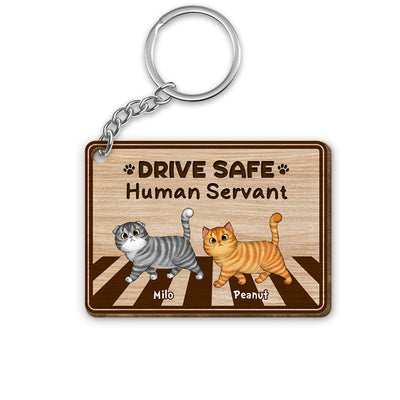 Drive Safe Human Servant Walking Fluffy Cat Cross Road Personalized Wooden Keychain