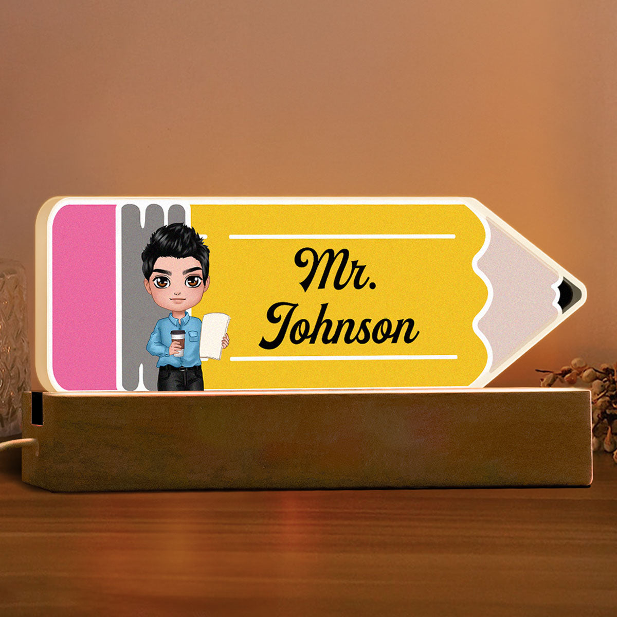 Doll Teacher Pencil Shaped Personalized Acrylic LED Night