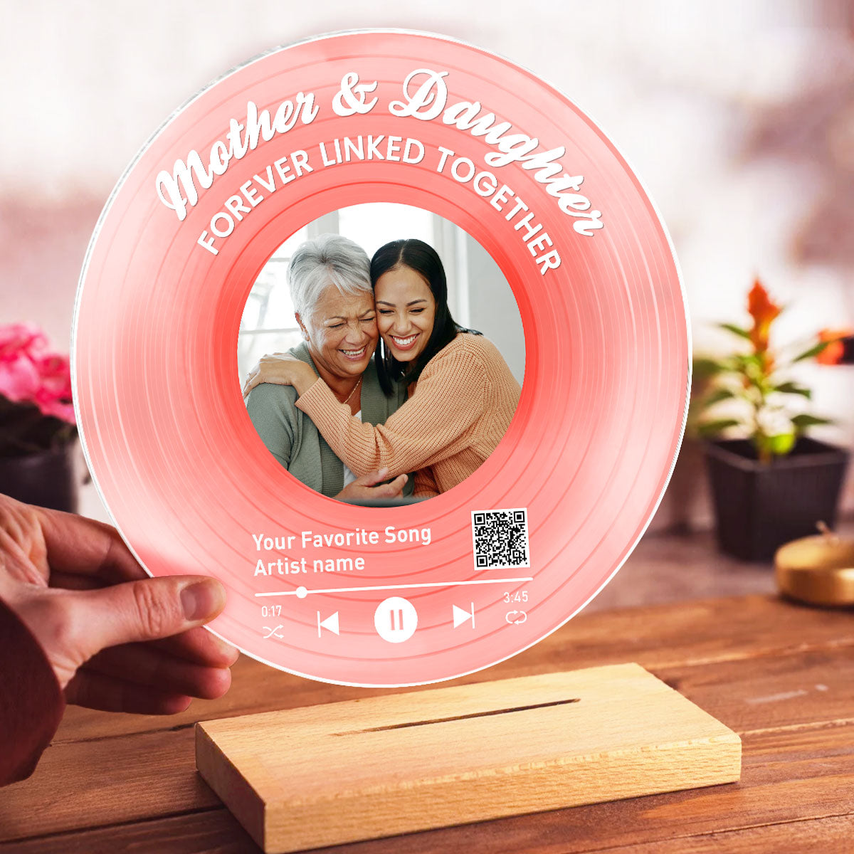 Mother Daughter Forever Linked Together Personalized Vinyl Record with Photo, Acrylic Song Plaque, Gift for Mom
