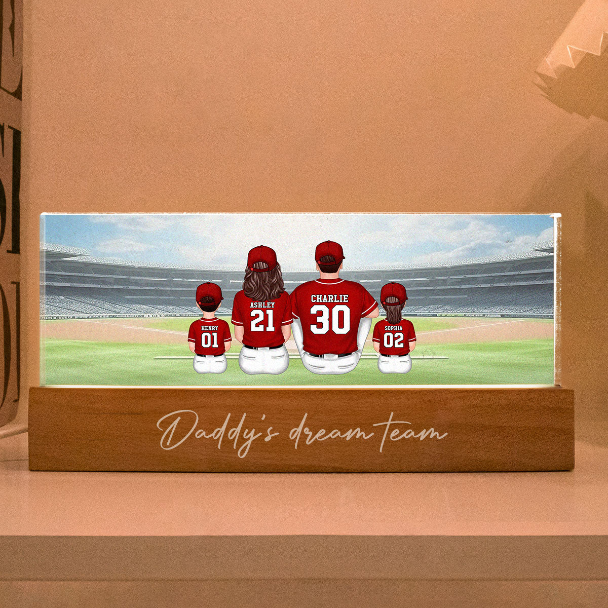 Mommy's Team Baseball Family Sitting Personalized Acrylic Block LED Night Light, Gift For Mom, Grandma, Wife
