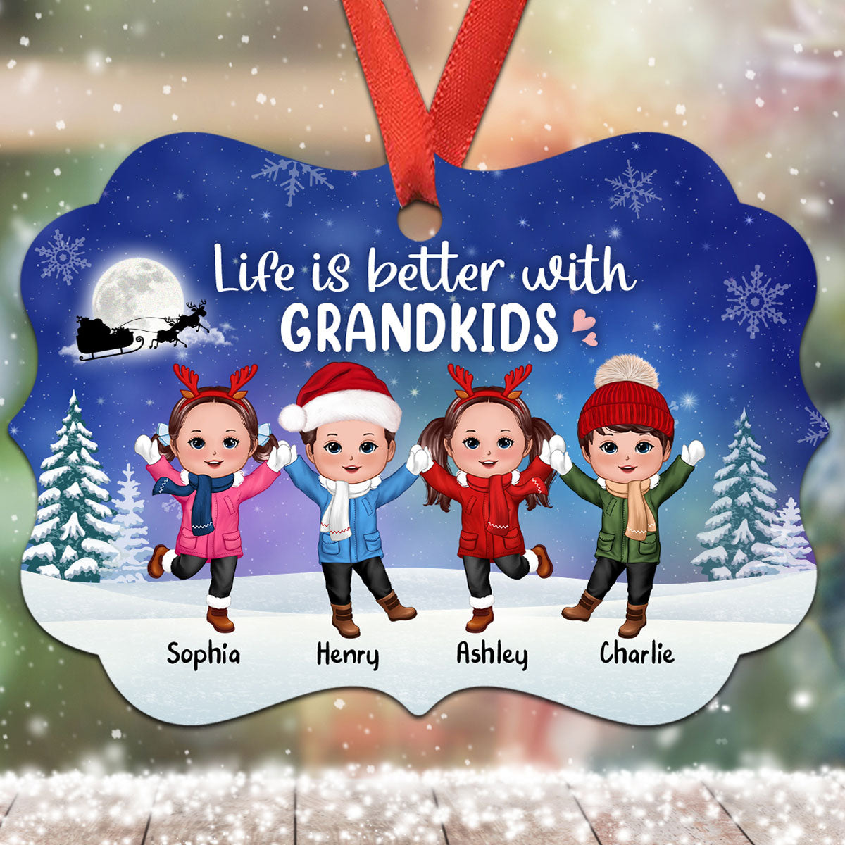 Life Better With Grandkids Happy Doll Kids In Snow Night Personalized Christmas Ornament