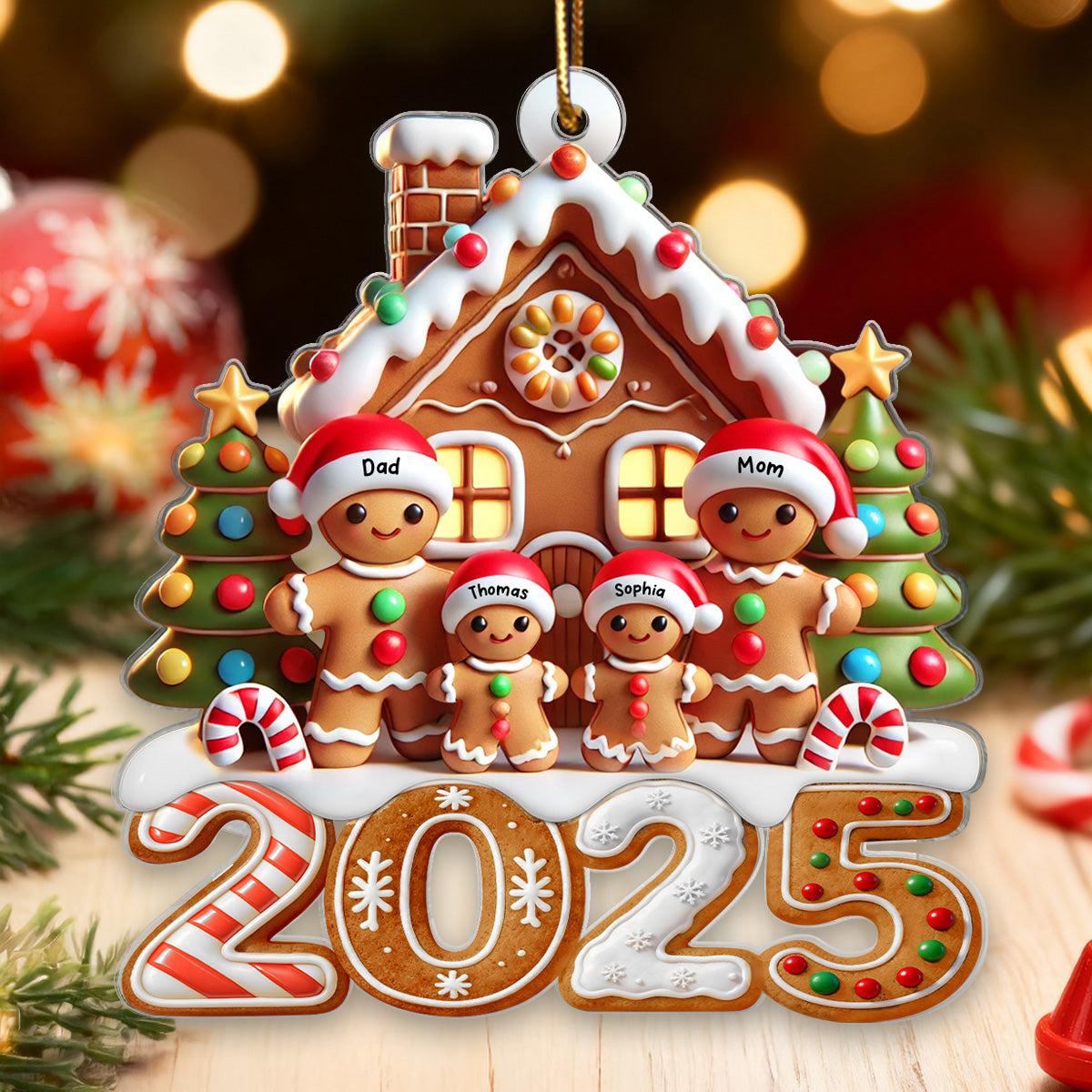 3D Effect 2025 Gingerbread Family With Gingerbread House - Personalized Acrylic Ornament