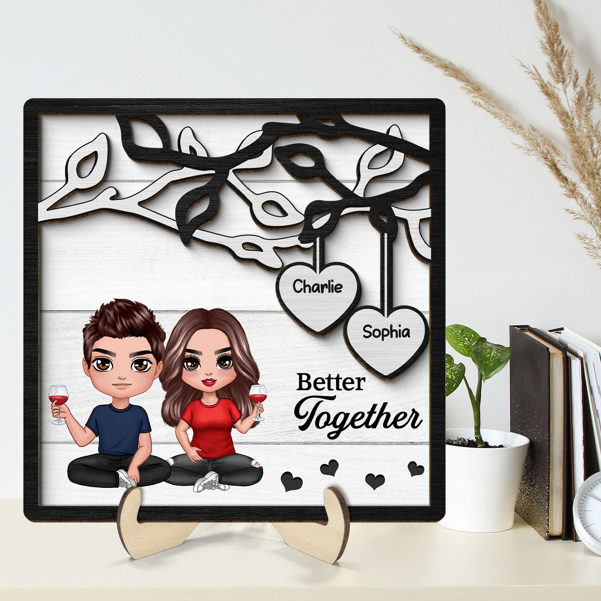 Doll Couple Sitting Under Tree Personalized 2-Layer Wooden Plaque