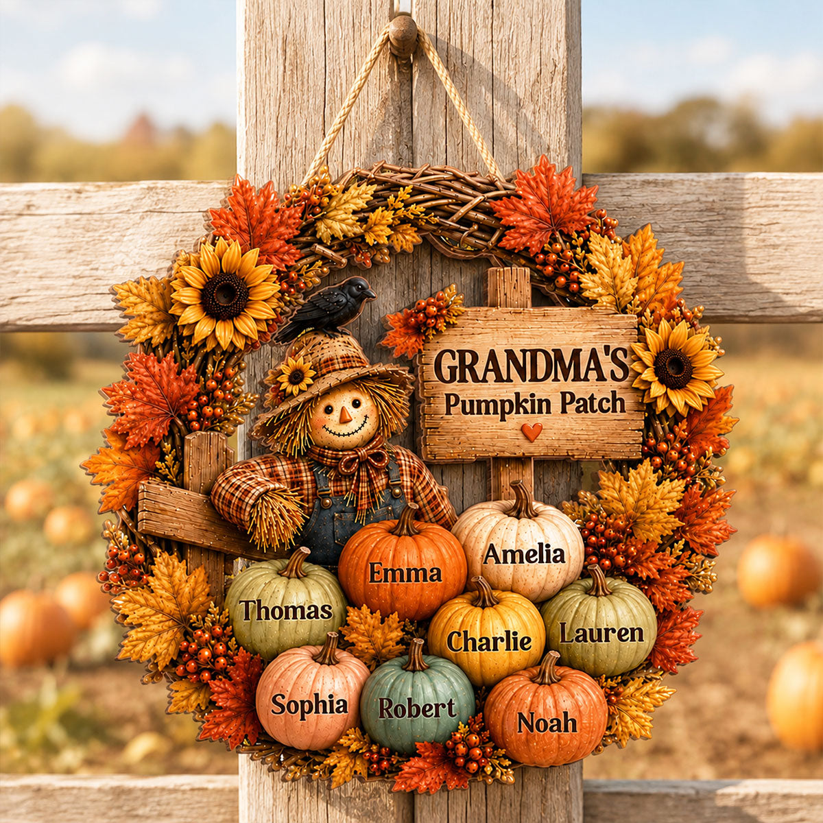 Grandma's Scarecrow Pumpkin Patch - Personalized Wooden Door Sign - Fall Decor for Grandma