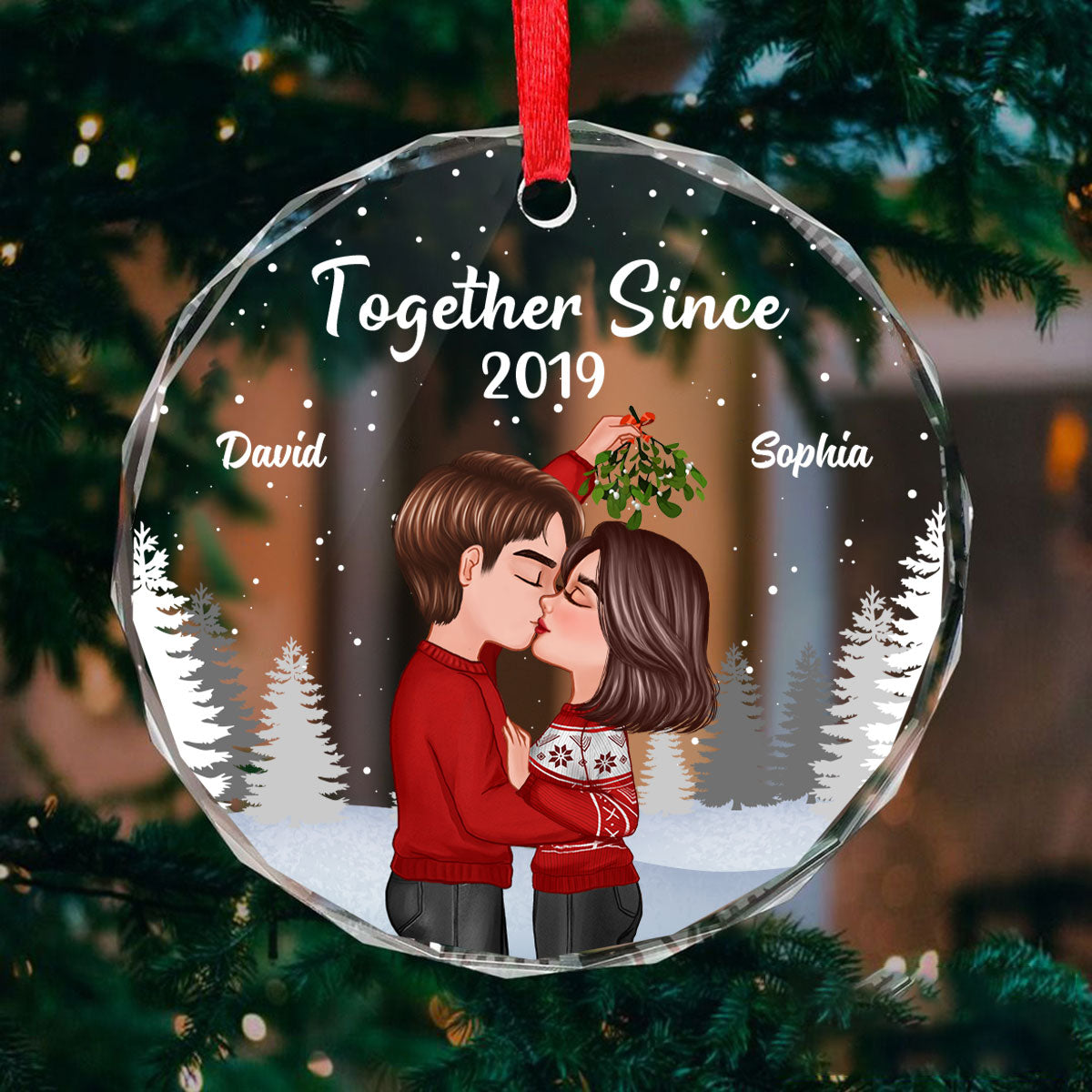 Couple Kissing Under Mistletoe Christmas Night Personalized Glass Ornament