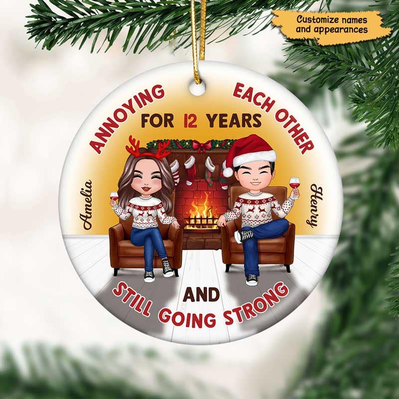 Couple Sitting On Chair Cozy Fireplace Personalized Circle Ornament