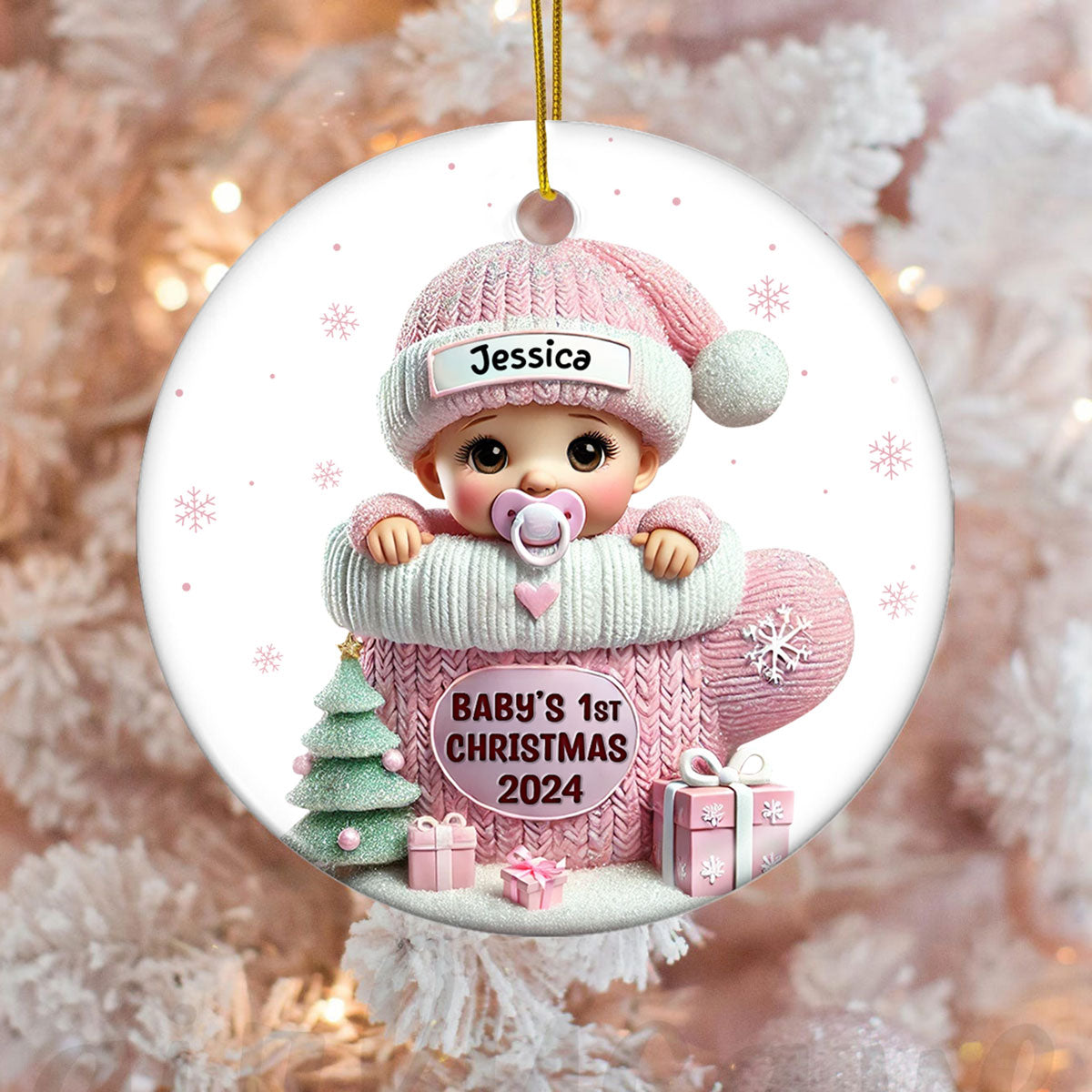 Baby In Mitten 3D Effect Baby's First Christmas Personalized Ceramic Flat Ornament