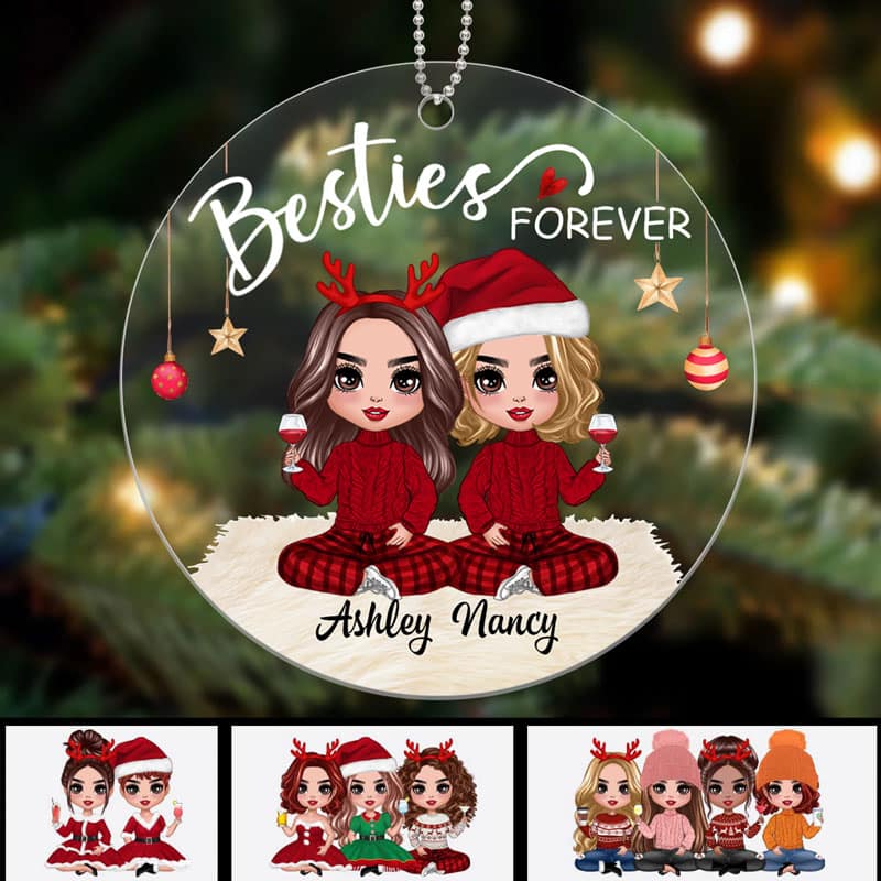 Sisters Forever Doll Women Christmas Checkered Pants Personalized Acrylic Ornament