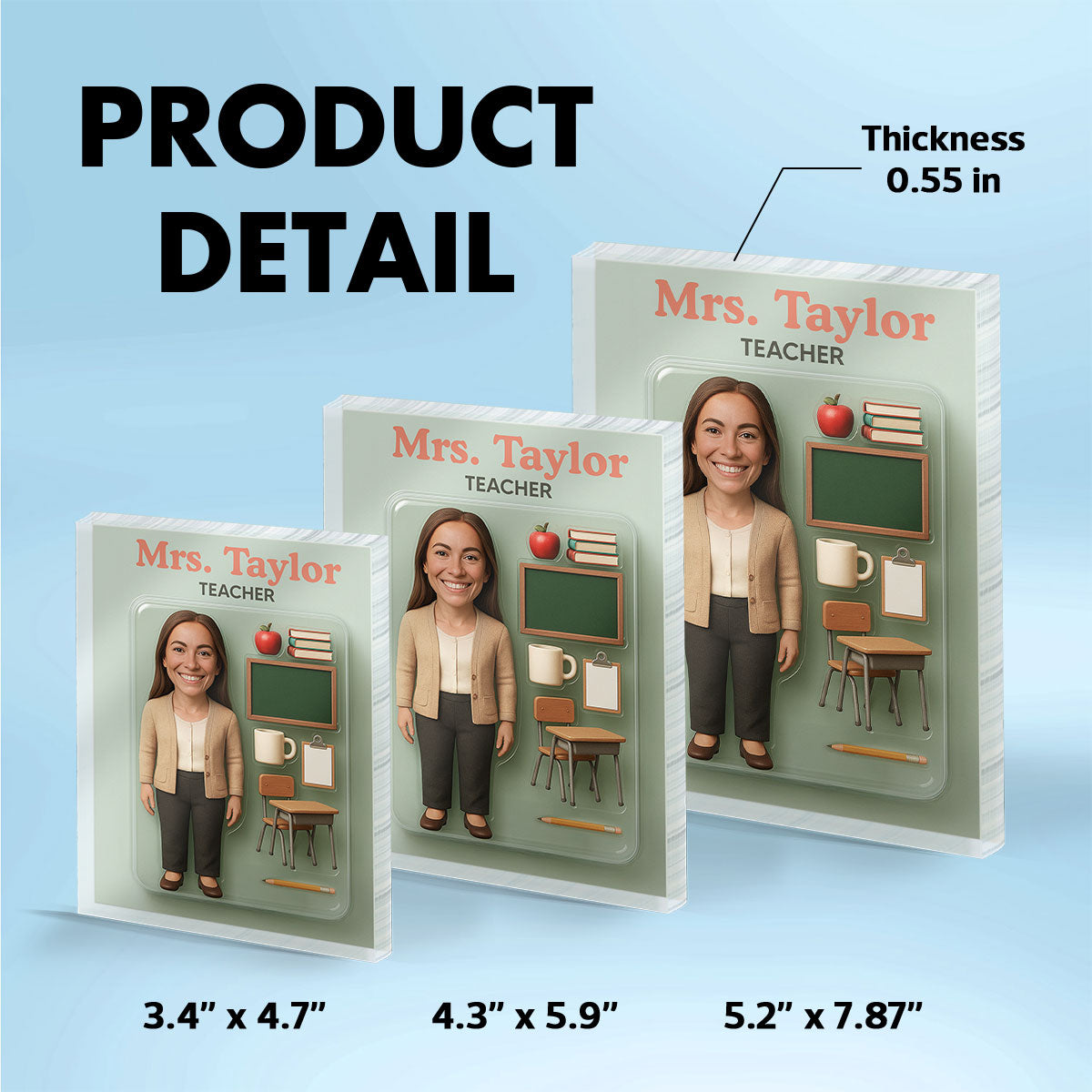 3D Effect Teacher Cartoon Style Custom Figure Personalized Flat Rectangle Acrylic Block, Gift For Teacher