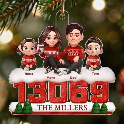 3D Effect Cartoon Family Sitting On Snow Zip Code - Personalized Acrylic Ornament