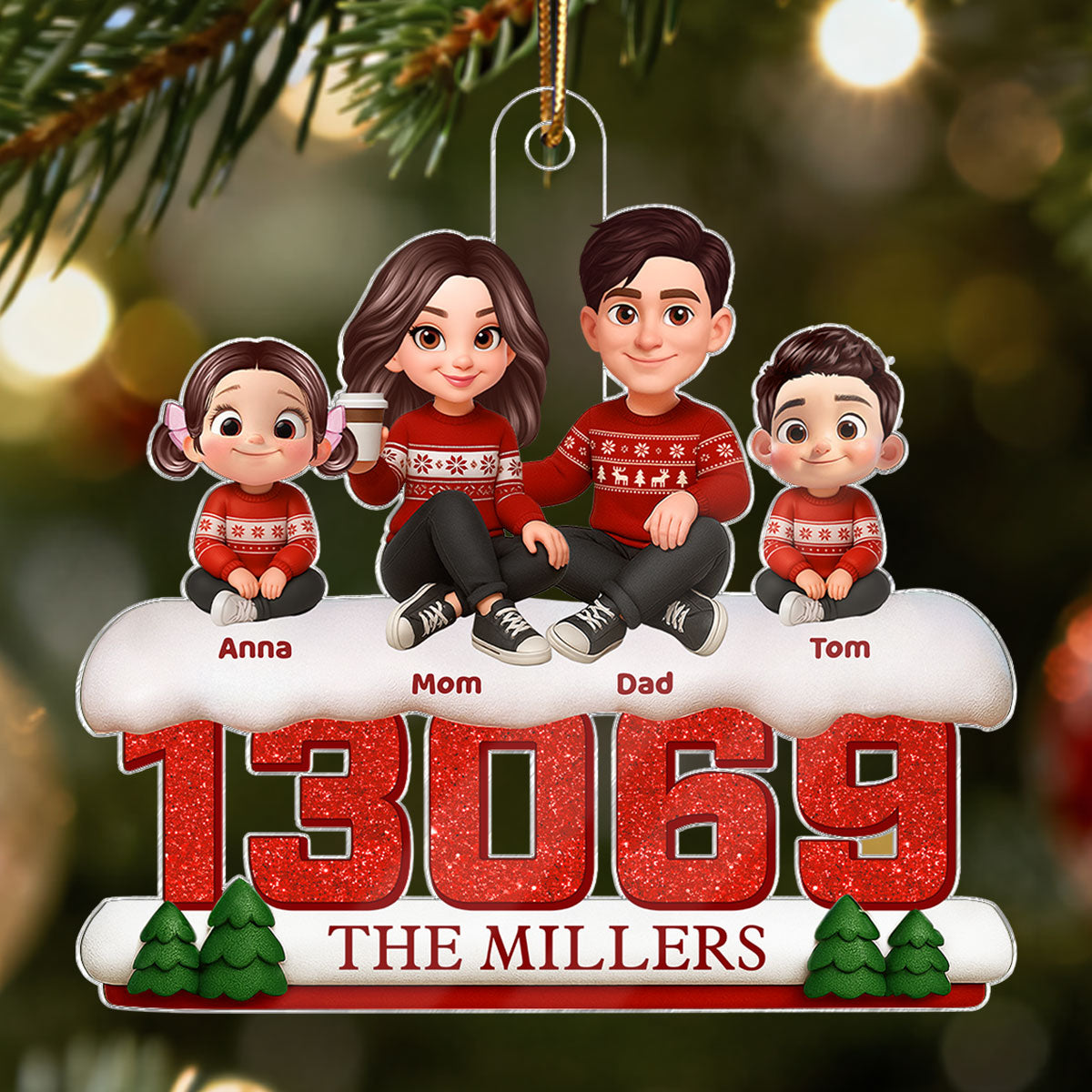 3D Effect Cartoon Family Sitting On Snow Zip Code - Personalized Acrylic Ornament