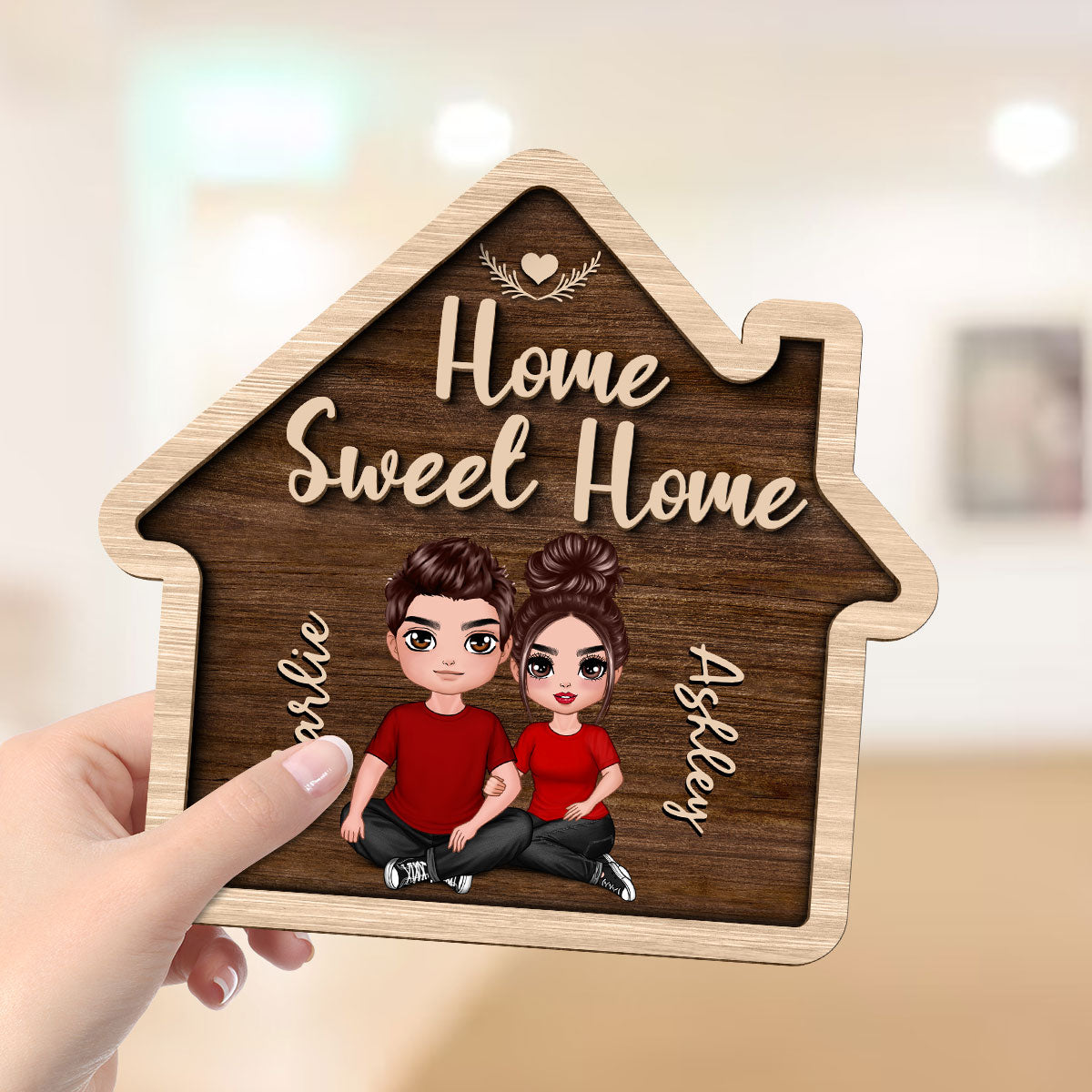 Home Sweet Home Couple Sitting House Shaped Personalized 2-layer Wooden Plaque