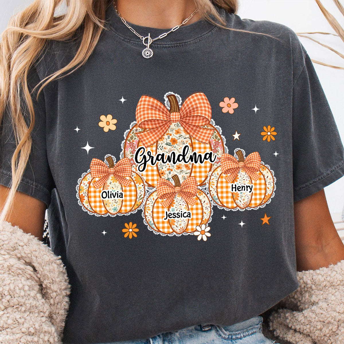 Lace Pattern Grandma Custom Pumpkins With Kids Names - Personalized Shirt - Gift For Grandmas, Fall Vibe Cozy Shirt