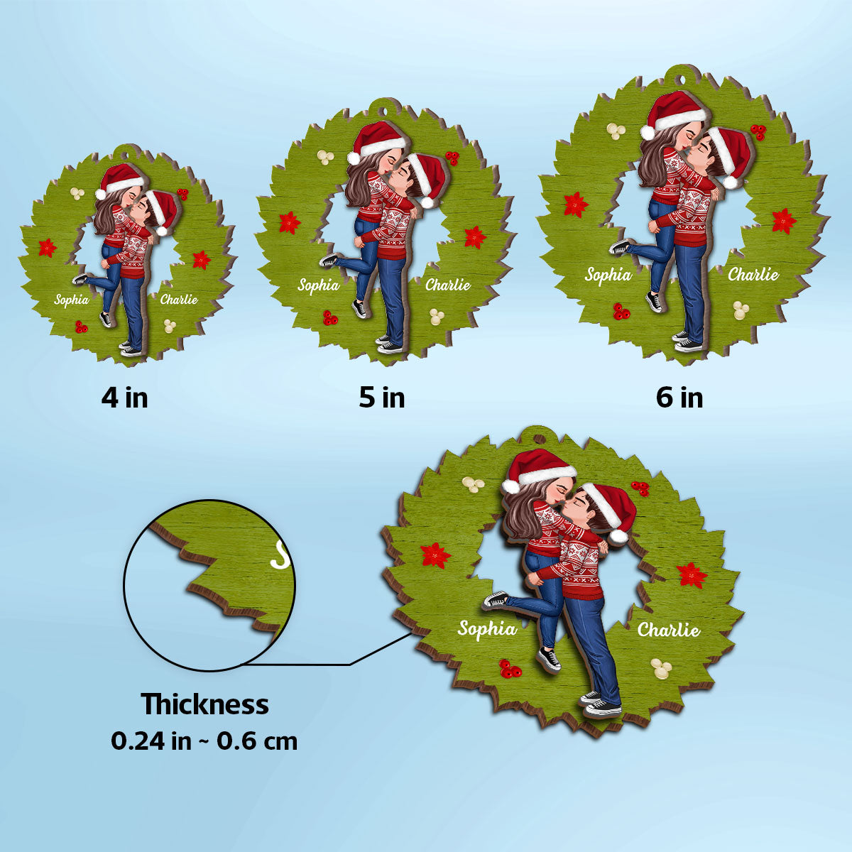 Wreath Christmas Couple Kissing Personalized 2-Layer Wooden Ornament