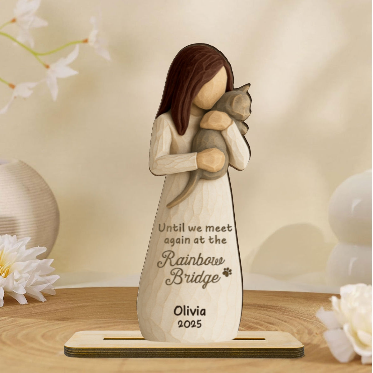 Until We Meet At Rainbow Bridge Woman & Cat 3D Effect Personalized Standing Wooden Plaque, Memorial Sympathy Gift
