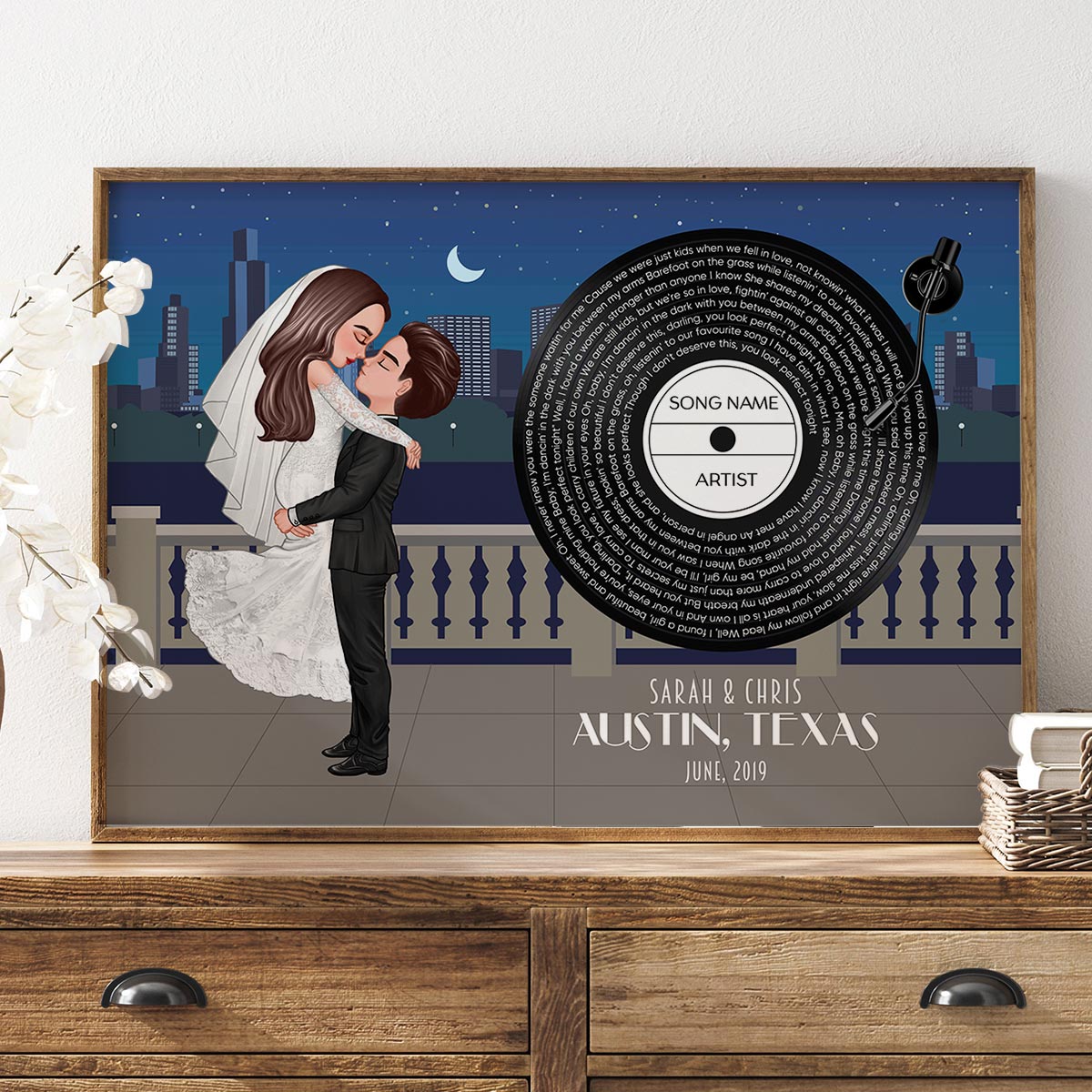 Groom & Bride City Wedding Song Poster, Personalized Couple Cartoon Portrait Wedding Gift Anniversary Gift  Gift For Him, For Her