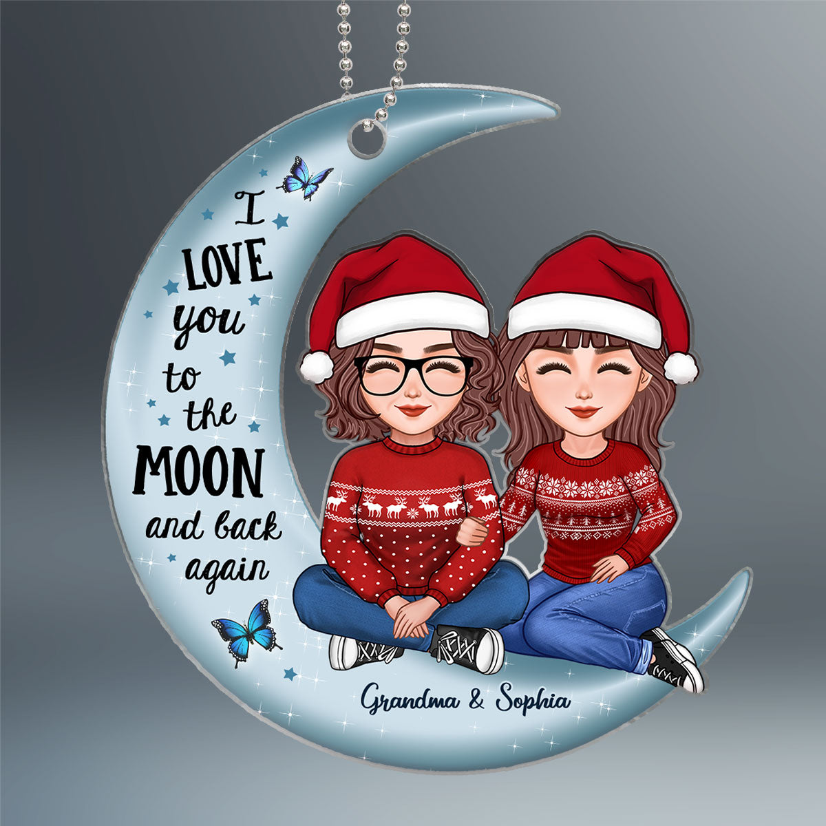 Cute Grandma & Teenage Grandkid Granddaughter Grandson On Moon Personalized Acrylic Ornament