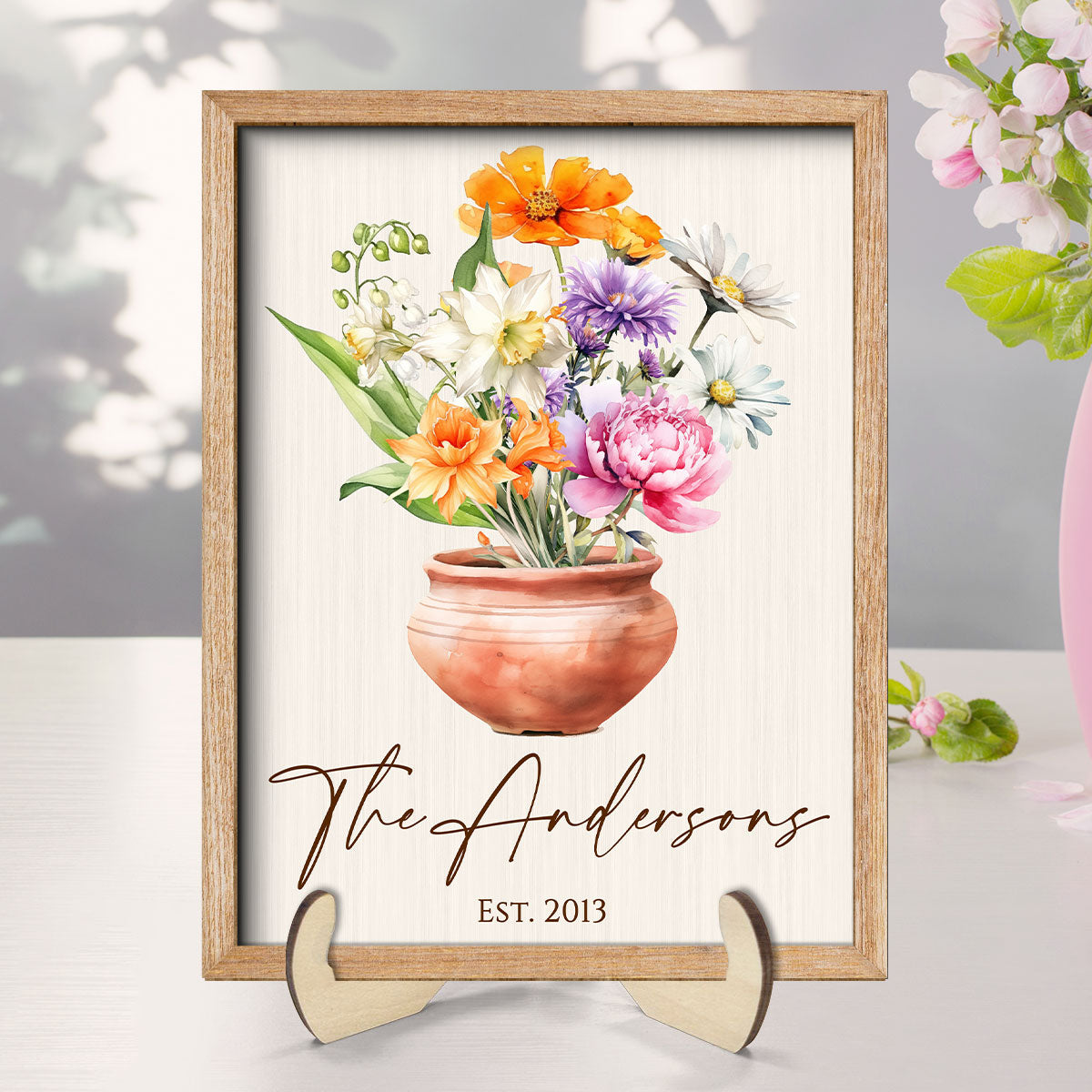 Family Beautiful Birth Flower Bouquet Home Decor Personalized 2-Layer Wooden Plaque