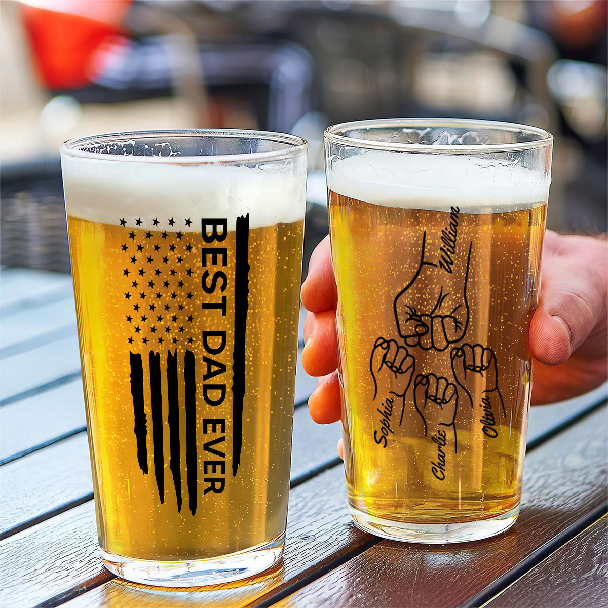 Best Dad Papa Grandpa Ever Fist Bump Outline Nation Flag Personalized Beer Glass
