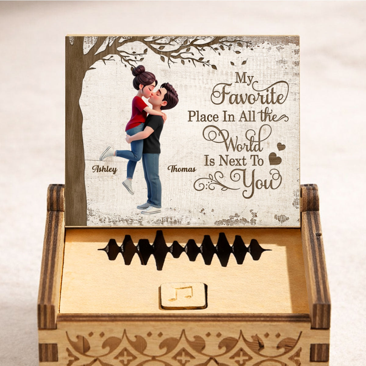 My Favorite Place is Next to You Couple Hugging Kissing - Personalized Wooden Music Box - Heartfelt Valentine's Day Gift for Her, for Him