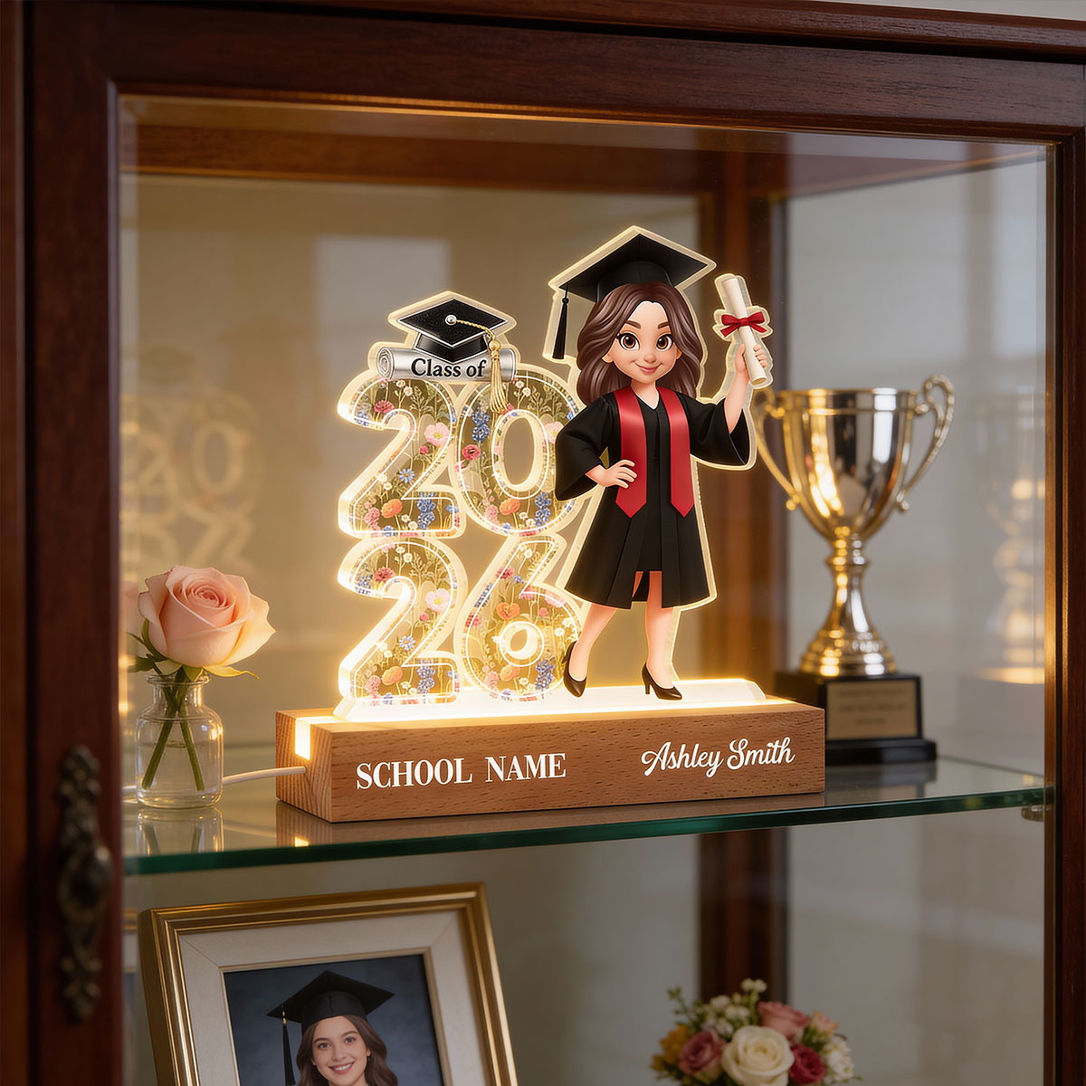 Class Of 2026 2027 Senior Floral - Personalized Acrylic Block LED Night Light - Graduation Gift For Graduates, Daughter