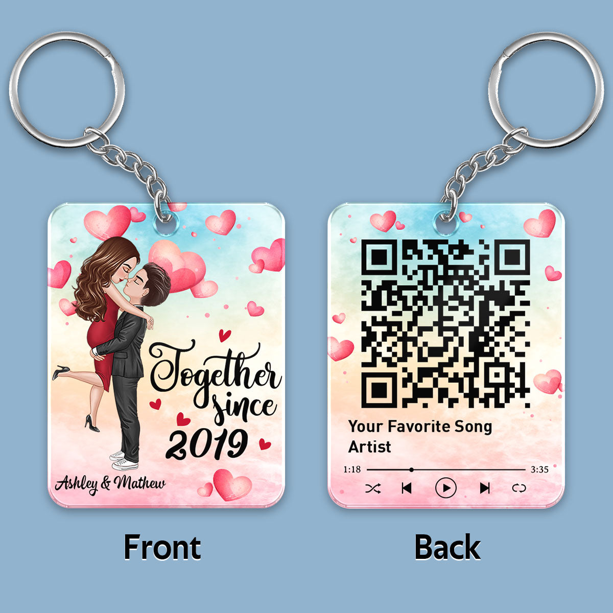 Watercolor Hearts Doll Couple Hugging Kissing Favorite Song Scannable QR Code Personalized Acrylic Keychain
