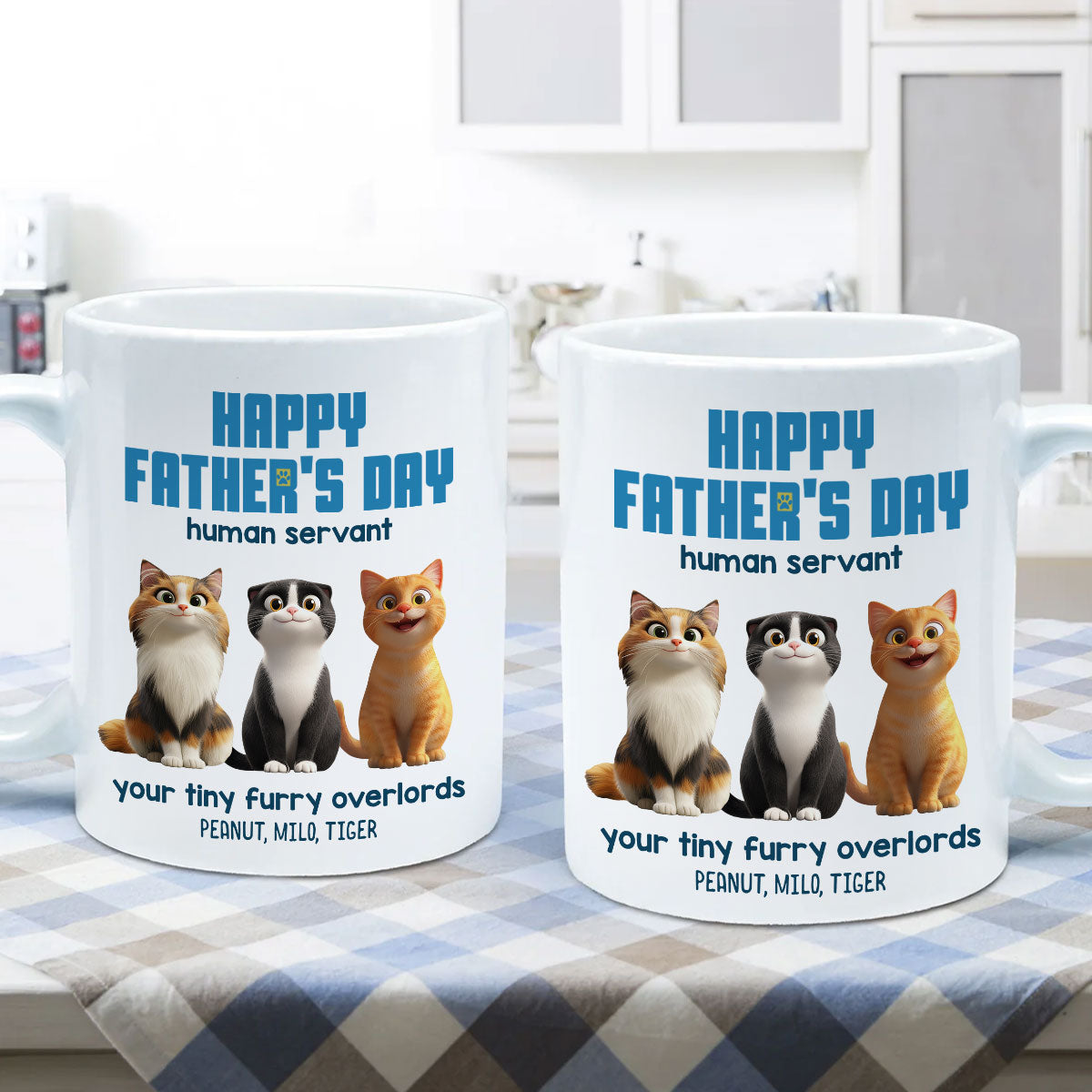 Happy Father's Day Human Servant Personalized Mug, Cute Cartoon Cats, Unique Father's Day Gift for Cat Dads