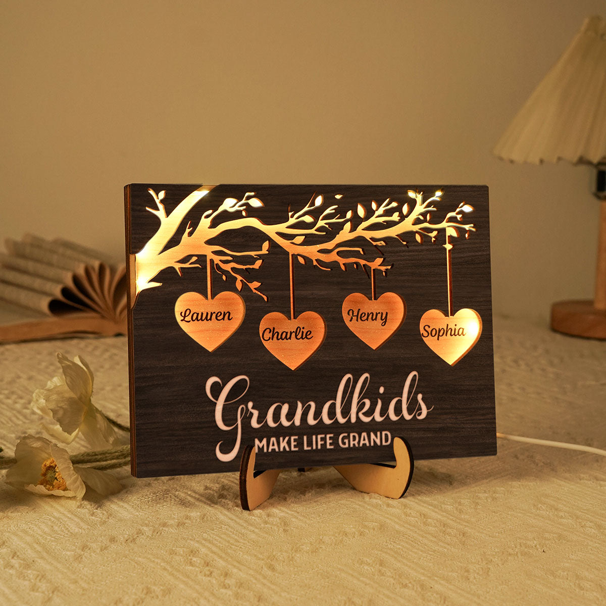 Grandkids Make Life Grandma Engraved Tree With Hearts Personalized 2-Layer Wooden Plaque With LED
