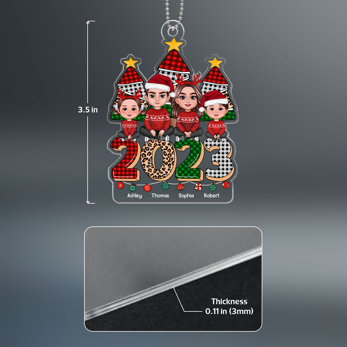 Family Sitting On Checkered Leopard 2023 Christmas Tree Personalized Acrylic Ornament