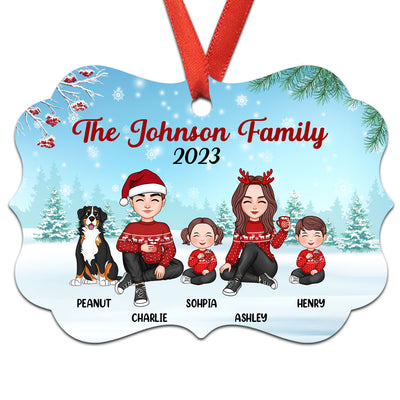Christmas Berry Tree Cute Family Dad Mom Kids Dogs Cats Sitting In Snow Personalized Christmas Ornament