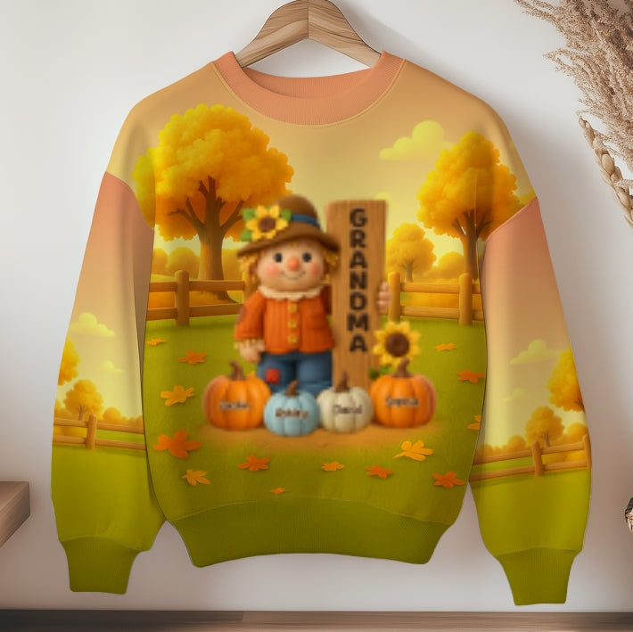 Grandma Scarecrow Standing Grandkids Pumpkins 3D Effect Personalized Sweatshirt