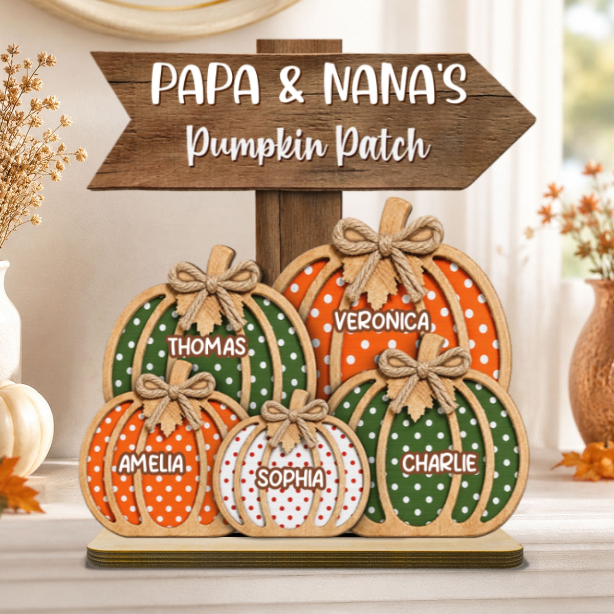 Fall Season Polka Dot Grandma's Pumpkin Patch - Personalized 2-Layered Wooden Plaque - Fall Decor For Grandma, Grandparents