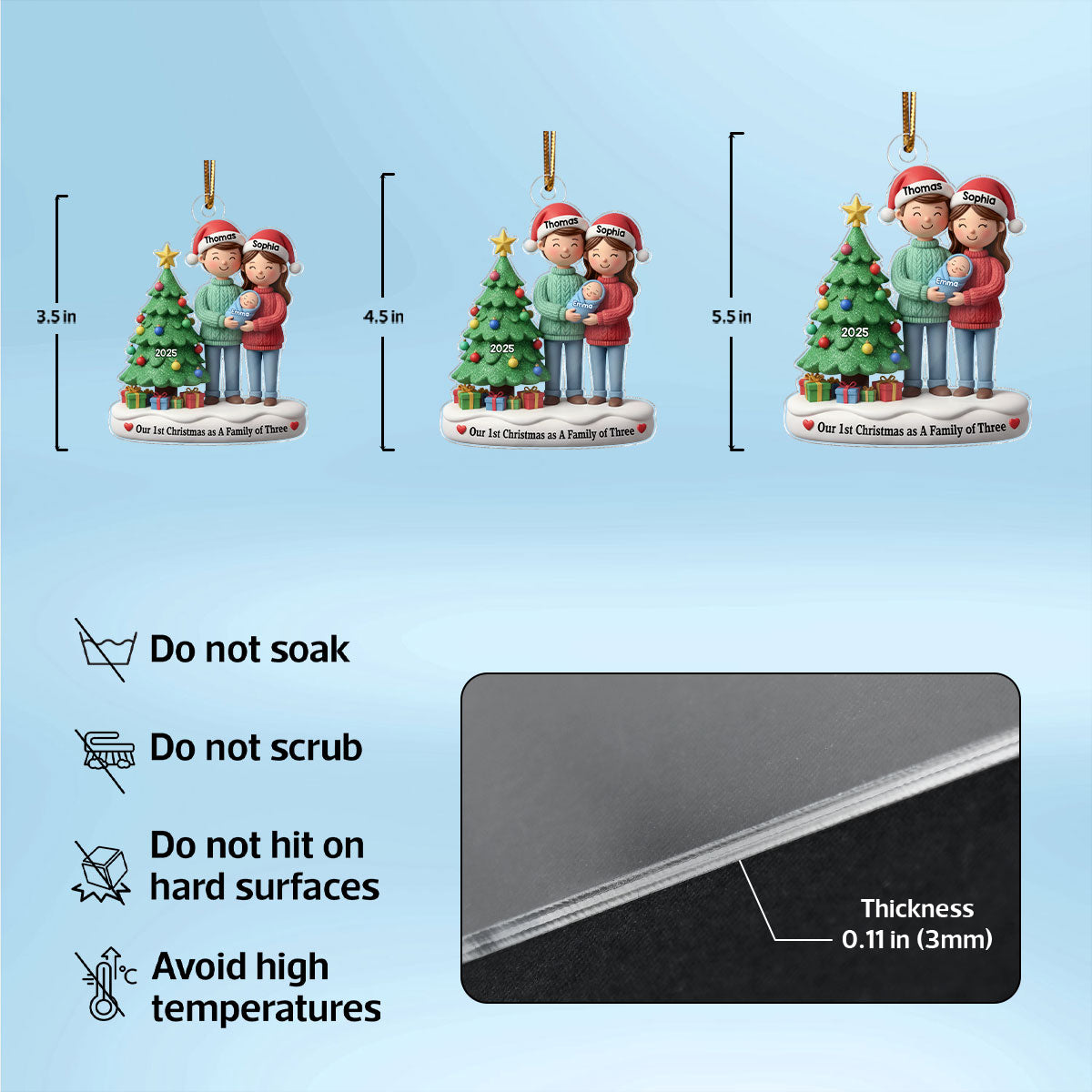 3D Effect First Christmas As Family Of Three Mom Dad & Baby By Tree - Personalized Acrylic Ornament