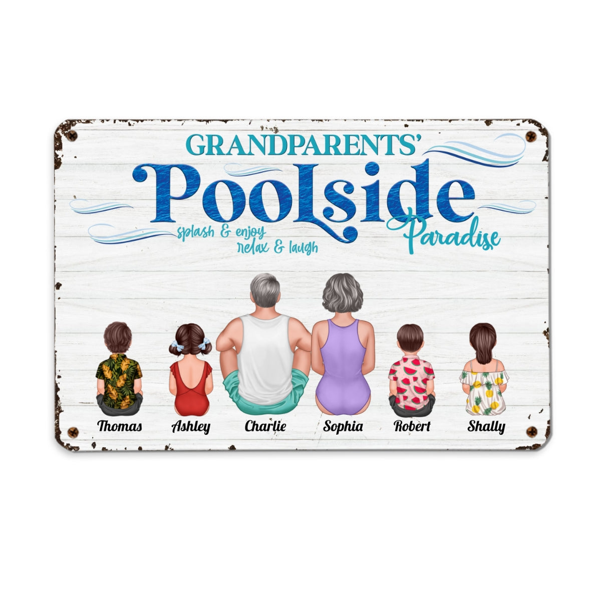 Family Poolside Summer Back View Couple Kids Pool Personalized Metal Sign