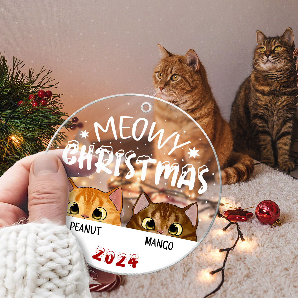 Cat Meowy Christmas Personalized Acrylic Ornament, Custom Cat Breed Ornament, Cat Lover Gift