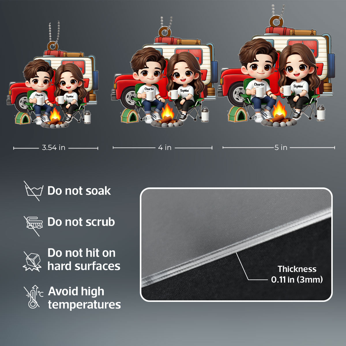 3D Effect Cute Cartoon Camping Couple Personalized Acrylic Car Hanger, Rear View Mirror, Valentine's Day, Anniversary, Birthday Gift for him, for her