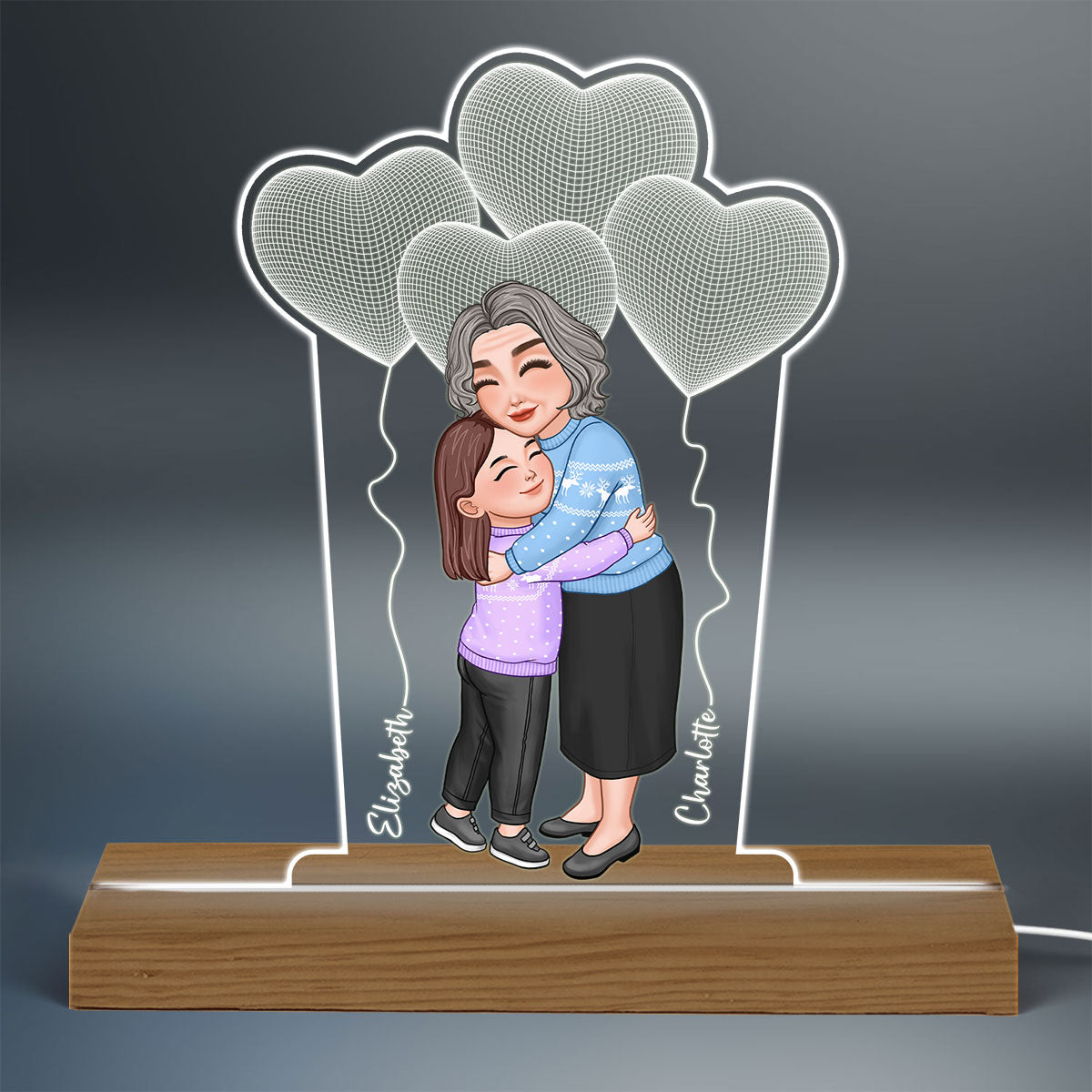 Grandma Grandkid Hugging Under 3D Balloons Personalized Custom Shaped Acrylic Plaque With LED Night Light
