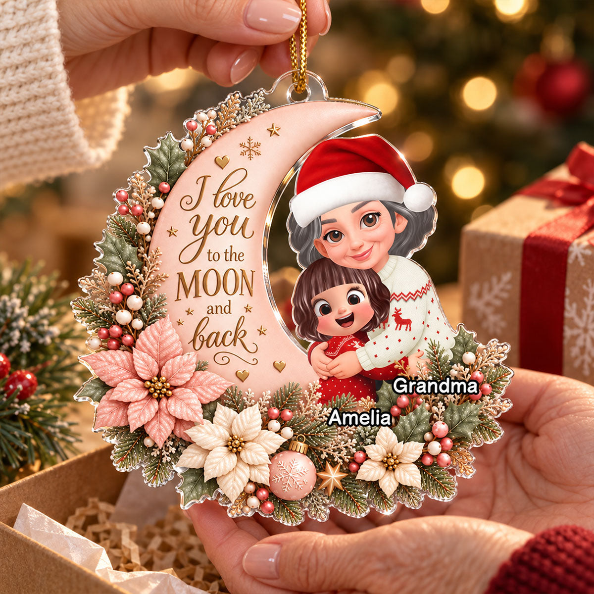 Grandma Loves Grandkid to the Moon - Personalized Acrylic Ornament - Heartfelt Christmas Gift for Granddaughter, Grandson