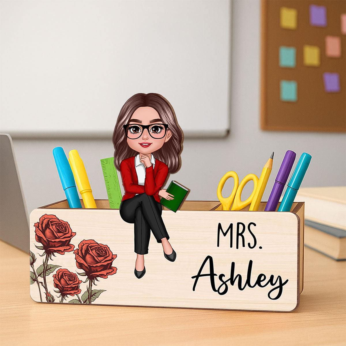Birth Month Flower Teacher Personalized Pencil Holder, 2-Layer Wooden Plaque, Back To School Gift, Classroom Decor