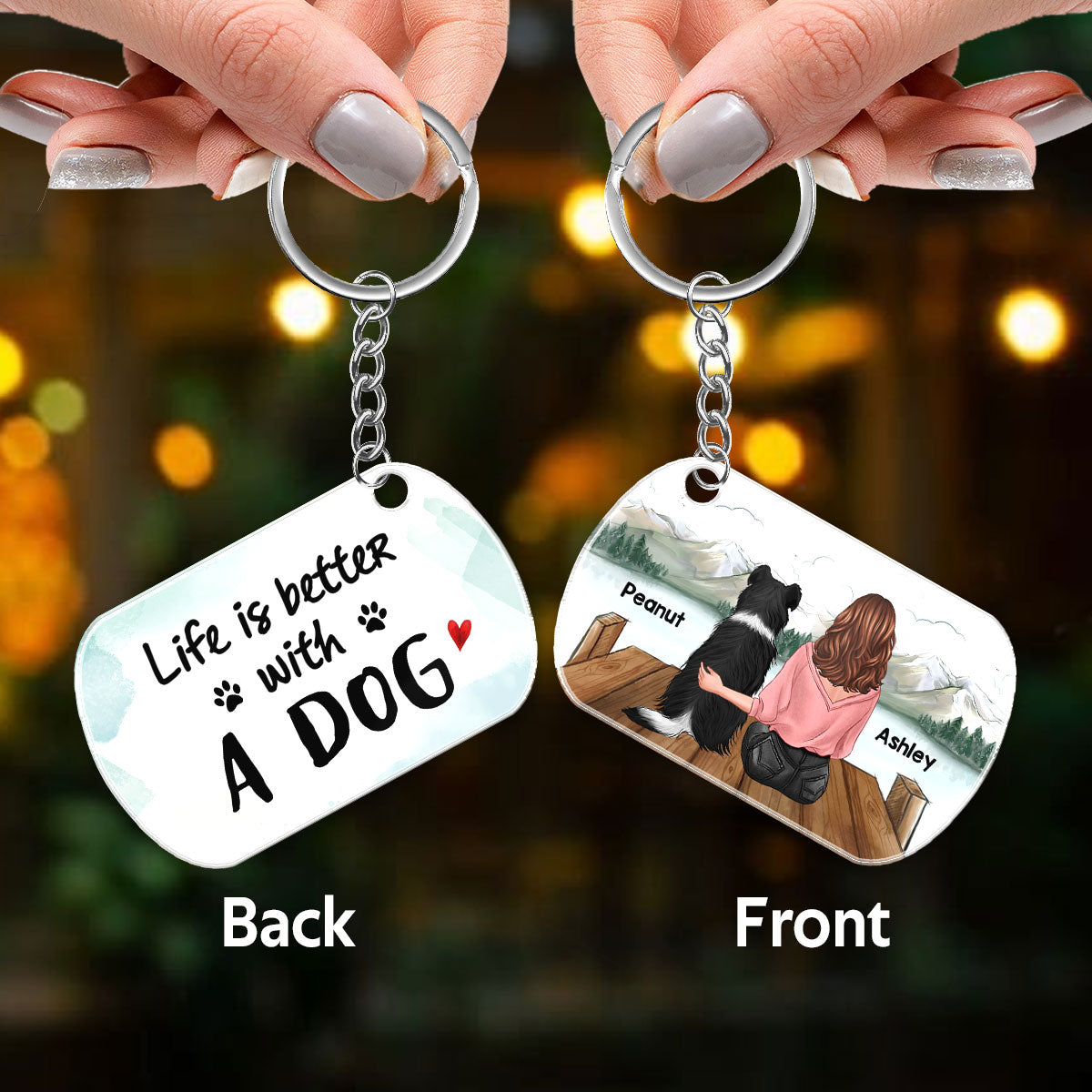 Woman & Dog Sitting On Bridge Personalized Acrylic Keychain