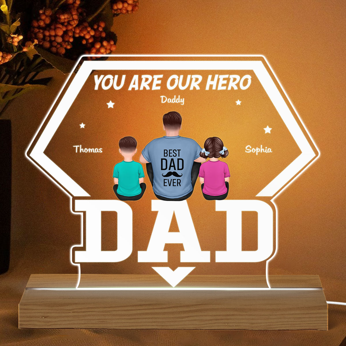 You Are Our Hero Back View Sitting Man Kids Dog Cat Personalized Custom Shaped Acrylic Plaque With LED Night Light