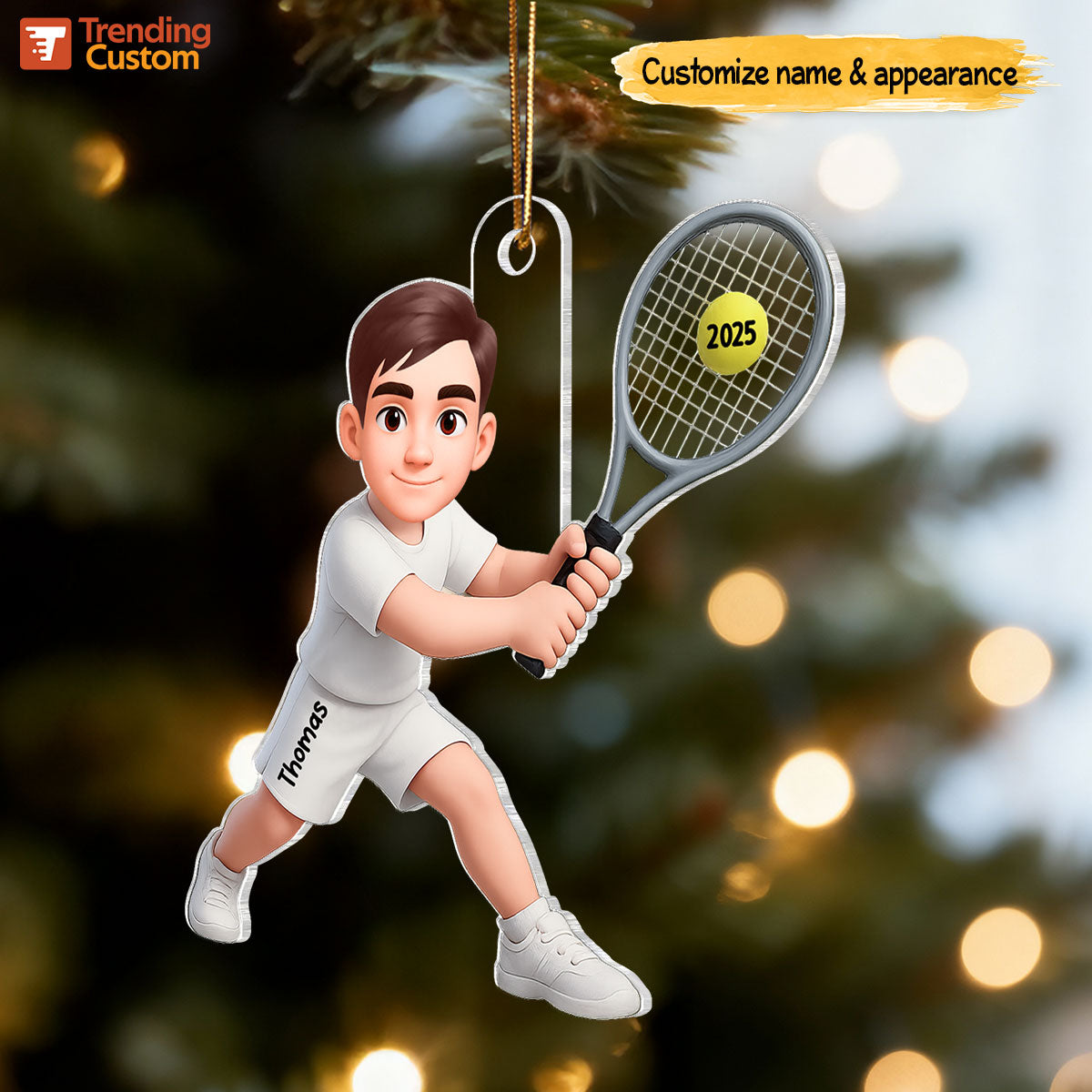 3D Effect Christmas Girl Boy Playing Tennis - Personalized Acrylic Ornament - Gift For Tennis Players, Grandson, Granddaughter